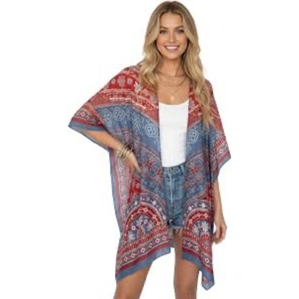 Starwhisper Kimono Wrap Womens OS Red Blue NWT Boho Paisley Sheer Cover Up